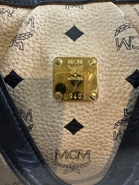 MCM Visetos Satchel Bag Cream Black Leather Trim Crossbody Medium Tote w/ COA - Picture 15 of 15